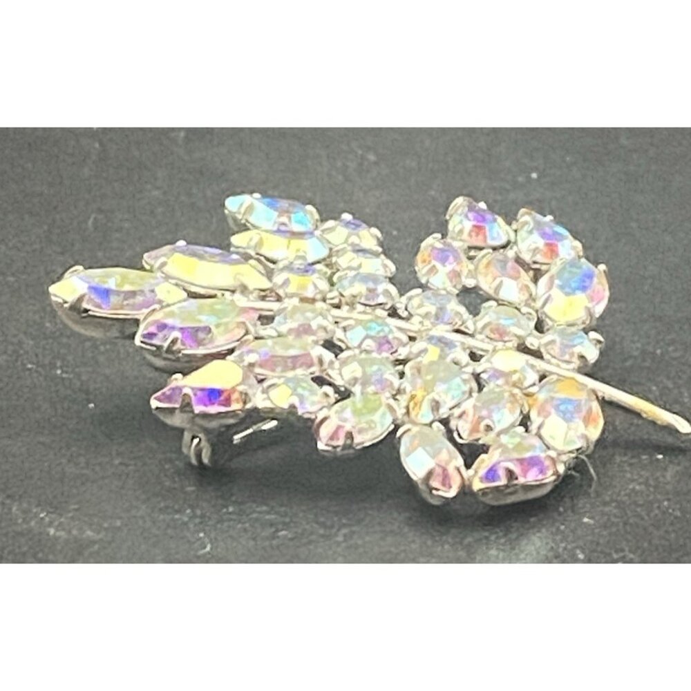 Vtg B David Brooch Silver Tone Brilliant Aurora Borealis Figural Leaf Signed - Picture 5 of 7